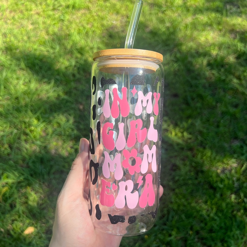 Pink and Black Lettered Glass Tumbler with Straw